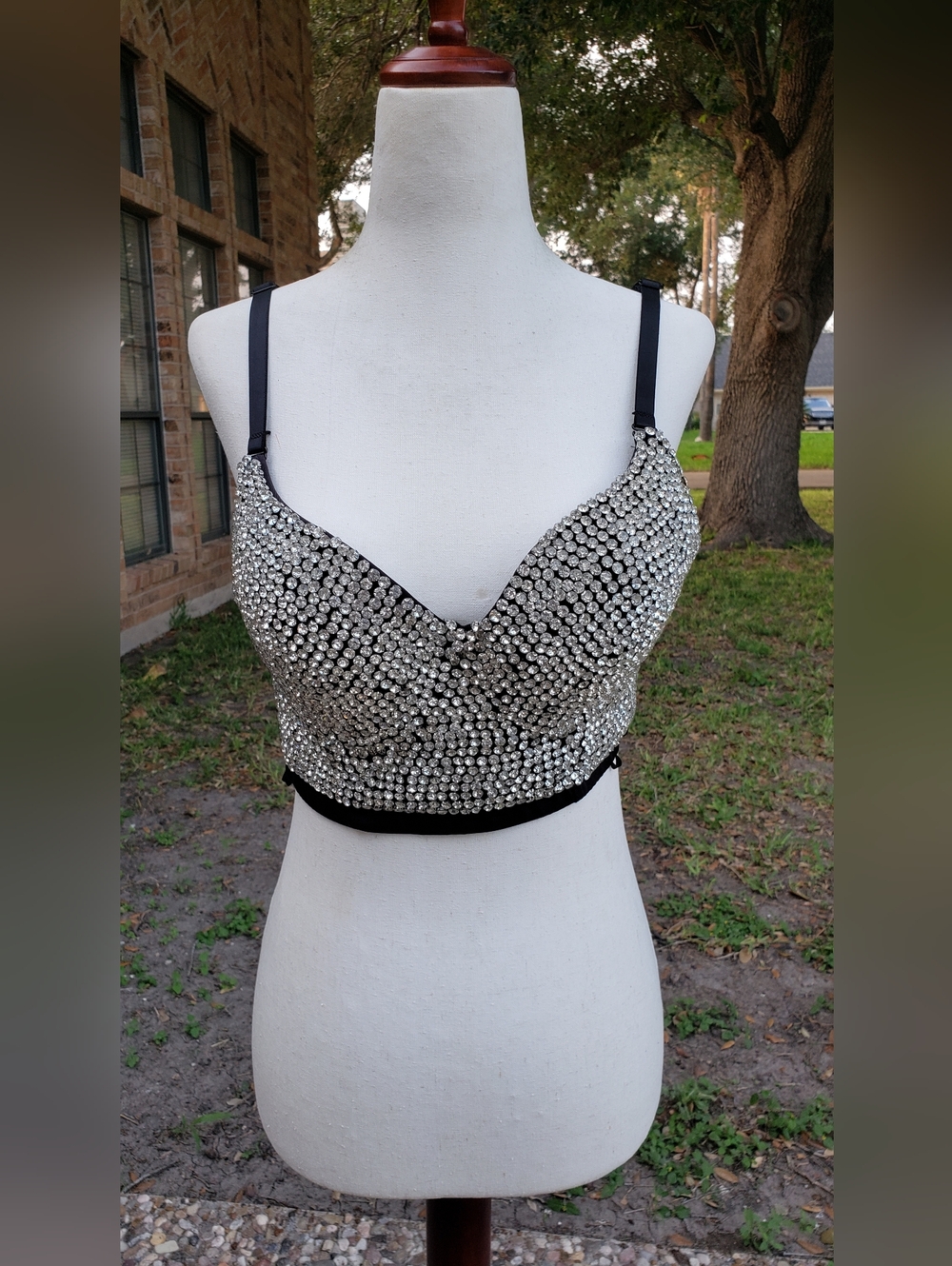 Crystal Embellished Bralette Top in Black and Silver- Large Size